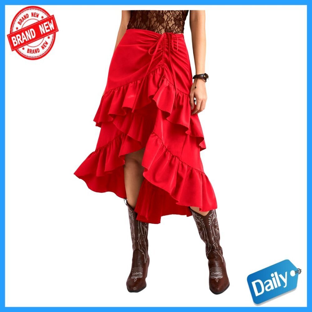 Western Asymmetrical Wrap Midi Skirt High Waist Ruffle Hem Drawstring